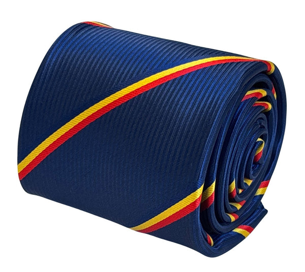 navy dark blue tie with a red and yellow stripe design